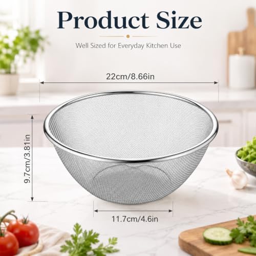 Fine Mesh Strainer, 8.8Inch Stainless Steel Colander Metal Strainer with Resting Base Mesh Strainers Net Basket, Stainless Steel Strainers with Handle for Pasta Spaghetti Vegetables Fruit Pot Draining