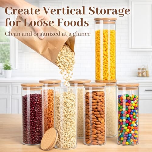 77L Stackable Glass Food Storage Containers with Lids [Set of 8 ], Airtight Glass Canister for Kitchen & Pantry Organization, Clear Borosilicate Jars for Pasta, Cereal, Flour, Sugar, Nuts