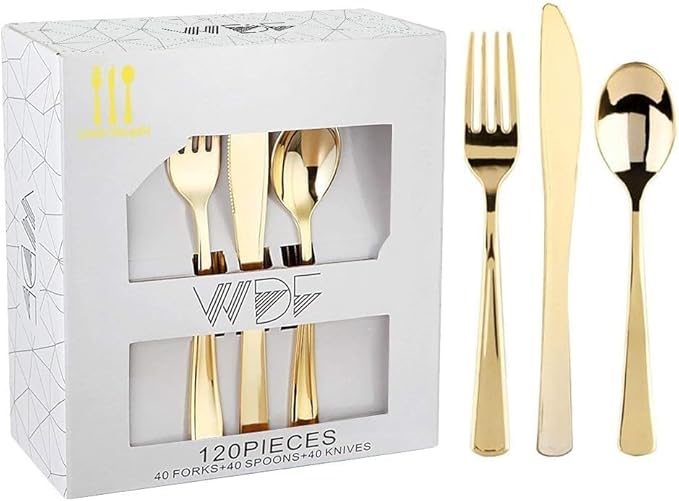 WDF 120 Pieces Gold Plastic Silverware - Disposable Flatware Set - Heavy Duty Plastic Cutlery - Silverware Includes 40 Forks, 40 Spoons, 40 Knives for Party Birthday Baby Shower Wedding Spring