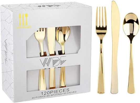 WDF 120 Pieces Gold Plastic Silverware - Disposable Flatware Set - Heavy Duty Plastic Cutlery - Silverware Includes 40 Forks, 40 Spoons, 40 Knives for Party Birthday Baby Shower Wedding Spring