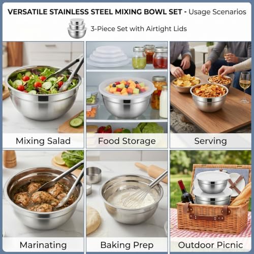 Stainless Steel Small Mixing Bowls with Lids, 3Pcs Nesting 0.85-1.0 QT Set
