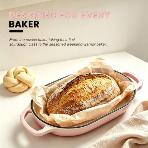 Oval Cast Iron Dutch Oven, Sourdough Bread Baking Pan with Lid, Pink