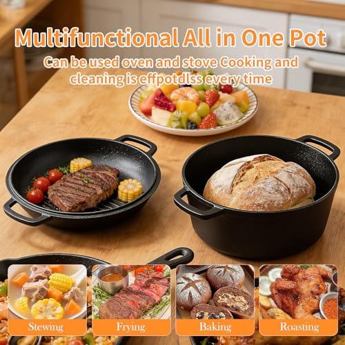 Pre-Seasoned Cast Iron Dutch Oven for Bread Baking - incl. Sourdough Bread-Baking Supplies like Proofing Basket, 2-in-1 Dutch Oven Pot with Skillet Lid and Dual Handles, Sour Dough Tools, Lame, 5QT