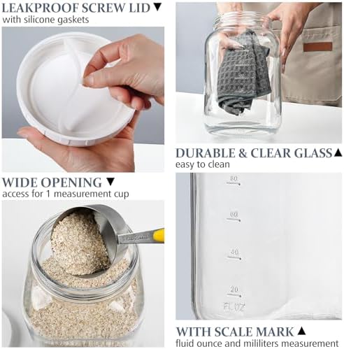 2 Pack Wide Mouth 1 Gallon Clear Glass Jar with Lid, Heavy Duty Airtight Screw Lid with Silicone Gasket - Large Mason Jar with 2 Scale Mark for Fermenting Kombucha and Storing Food(Extra 2 Gaskets)
