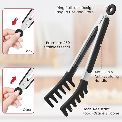 Pasta Tong Spaghetti Tongs, 9-Inch Heat Resistant Silicone Pasta Tongs