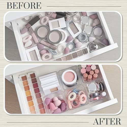 STORi SimpleSort 6-Piece Stackable Clear Drawer Organizer Set | 3" x 3" x 2" Square Trays | Small Makeup Vanity Storage Bins and Office Desk Drawer Dividers | Made in USA (Pack of 2)