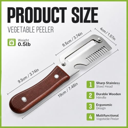 3-in-1 Vegetable Peeler with Scallion Shredder & Bottle Opener, Professional Stainless Steel Potato Peeler with Ergonomic Wood Handle, Rust-Resistant & Heavy Duty Kitchen Tool (1)