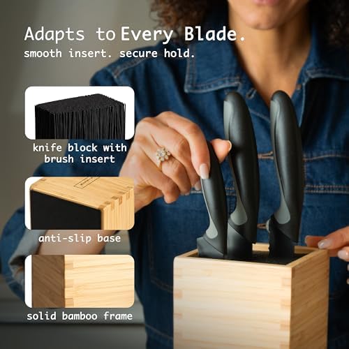 KAIZEN Bamboo Knife Block Without Knives - Perfectly Sized Universal Knife Holder for Knives, Scissors - Unique Knife Storage for Counter Top with Anti-Slip Base (Natural)