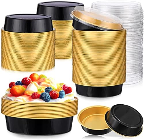 Yinder 120 Pcs 8oz Disposable Mini Pie Pans/tins with Lids Tart Pans, Small Cake Pan Round Containers Aluminum, 4 Inch Mini Cake Pan for Quiche Cheesecake Container Oven Bake Sale(Black Gold)