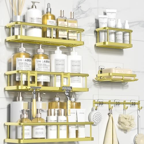 YASONIC Shower Caddy Adhesive, Rustproof Shower Organizer with Soap Holder, Large Capacity Shower Shelves for Inside Shower, No Drilling Bathroom Organizers and Storage for Home Decor（6 Pack Gold）