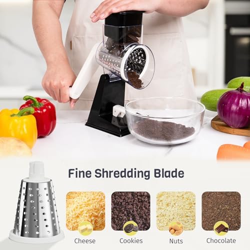 Rotary Cheese Grater, Upgraded Hand Crank Cheese Shredder with 3 Interchangeable Blades, Multi-purpose Kitchen Slicer Shredder for Cheese, Vegetable, Fruit, Nuts, Easy to Use & Clean, Black