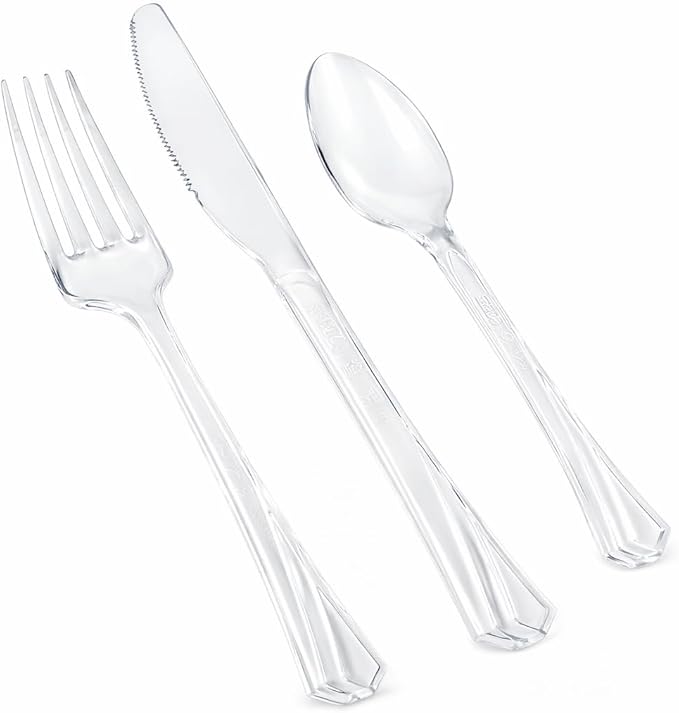 Hanna K. Signature 240 Count Clear Plastic Silverware Set, Heavyweight Elegant Disposable Cutlery Combo, 80 Forks, 80 Spoons, 80 Knives