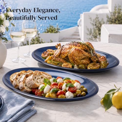 DOWAN Large Serving Platters Set of 2, 16 Inch Oval Serving Tray for Food Meat, Ceramic Serving Dishes for Dinner, Parties & Entertaining, Oven & Dishwasher Safe Platter, Navy Blue