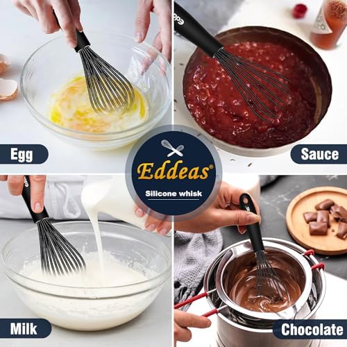 Eddeas Mini Silicone Whisk, Small Silicone Whisk 7+9in, BPA free Non Scratch Coated Protect your Ceramic Pots and Pan.Perfect for Whisking, Beating, Mixing.Black