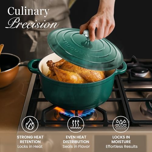 Cast Iron Dutch Oven with Lid - Non-Stick Ovenproof Enamelled Casserole Pot - Sturdy Dutch Oven Cookware - Dark Green, 5-Quart, 24cm - by Nuovva