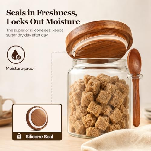 ComSaf Sugar Jars with Acacia wood Lids and Spoons 0.5Qt 2Pack, Decorative