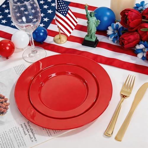 FLOWERCAT 200PCS Red Plastic Plates Disposable Plates for Party - Heavy Duty Plastic Plates - 10" &7" Plate for 100 Guests Parties and Events &July 4th