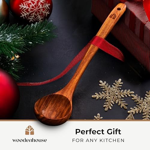 Wooden Ladle for Cooking, 12.4" Teak Soup Spoon, Medium 2 oz Serving Scoop