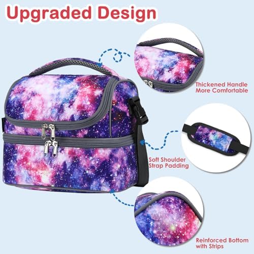 FlowFly Double Decker Cooler Insulated Lunch Bag Large Tote for Boys, Girls, Men, Women, With Adjustable Strap,Galaxy