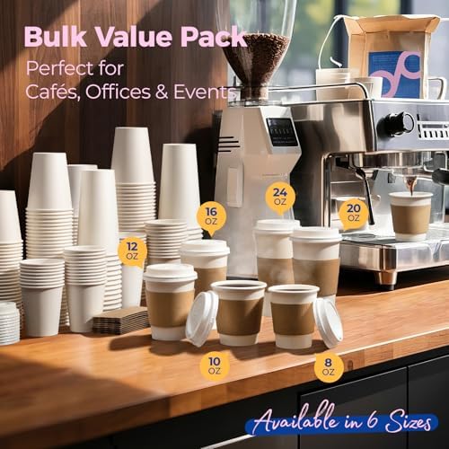 Fit Meal Prep 100 Pack 20 oz Disposable Coffee Cups with Lids, Sleeves, Leak-Proof To Go Coffee Cups with Lids, Durable Hot Paper Cups for Home, Office, Party, Business