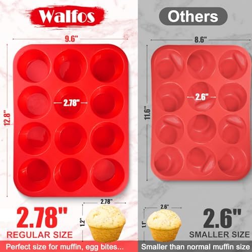 Walfos Silicone Muffin Pan - 12 Cups Regular Silicone Cupcake Pan, Non-stick Great for Making Muffin Cakes, Tart, Bread - BPA Free and Dishwasher Safe (Pack of 2)