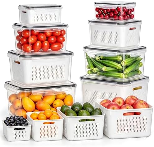 HOMETALL 8 Pack Fruit Storage Containers for Fridge with Strainer, BPA Free Fruit Cleaning Bowl Fridge Organizer, Plastic Fresh Keeper Set Refrigerator Organizer for Salad Berry Produce