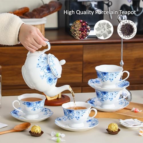 27oz Porcelain Blue Rose Teapot, Classic Gift for Tea