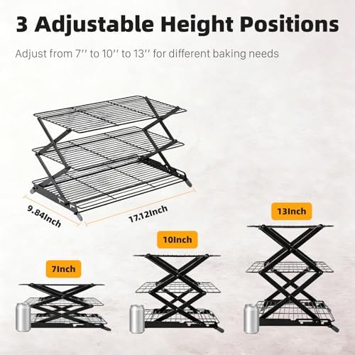 3-Tier Collapsible Cooling Rack, Adjustable Wire Baking Rack, Black