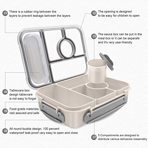 Amathley Bento Box Adult Lunch Box Kids,Lunch Containers for Adults/Kids/Toddler,5 Compartments Bento Lunch Box with Sauce Vontainers,Microwave & Dishwasher & Freezer Safe,BPA-Free (White)