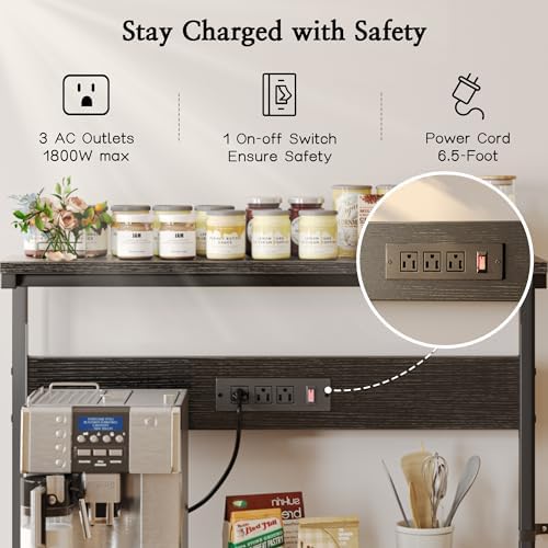 SUPERJARE Bakers Rack with Power Outlets, Microwave Stand, 31.5 X 16.5 Inch Larger Desktop, Kitchen Storage Rack with Adjustable Middle Shelf, 6 S-Shaped Hooks, Coffee Bar Stand, Black