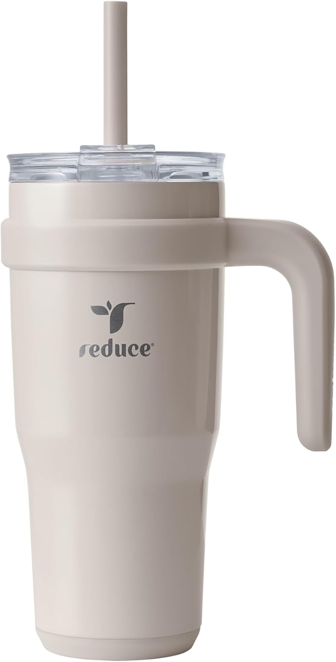 REDUCE 24 oz Stainless Steel Tumbler with Handle - Dual-Wall Vacuum Insulated Travel Mug, Sweat-Proof Lid & Reusable Straw - Keeps Drinks Cold for 24 Hrs, Fits Cupholders, Dishwasher Safe - Sand