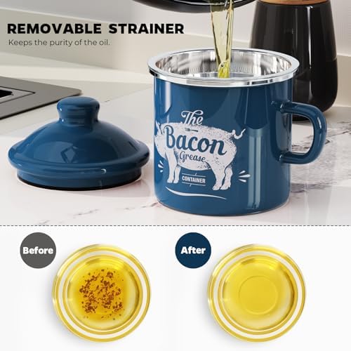 Bacon Grease Container with Strainer-15OZ Enamel Saver, Dishwasher Safe