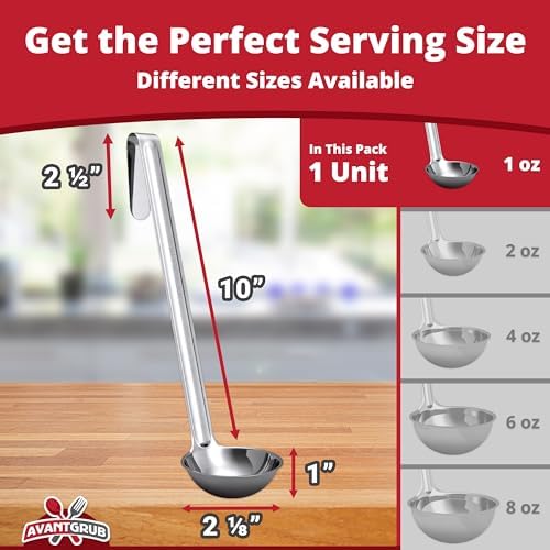 Super Sturdy, Ergonomic 1 Oz. Soup Ladle 1 Pk. Stainless Steel Ladles with Long Handles. Best Kitchen Accessories for Stirring, Portioning and Serving Soups, Chili and Stew in Restaurants and at Home