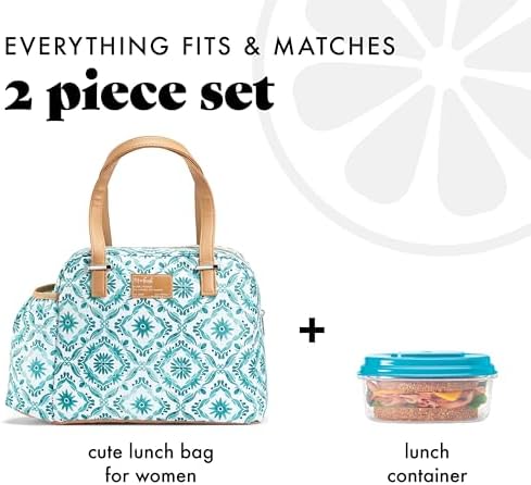 Fit & Fresh Insulated Leakproof & Stain-Resistant Large Lunch Box For Women With Expandable Bottle Pocket, Zipper Closure Laketown Lunch Bag Aqua (Pack of 2)