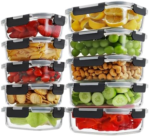 HOMBERKING 10-Pack Glass Meal Prep Containers, 36 oz/14 oz, Locking Lid Set