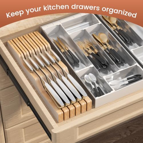 In-Drawer Knife Block Organizer - Bamboo Wood Drawer Knife Organizer-Protecting Knife Organizer Block (Not Included) (White, 11 Knives Dock)