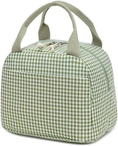 Bluboon Lunch Box for Women Cute Lunch Bag Reusable Insulated Lunch Bags Large Capacity Lunchbox Cooler for Work Picnic or Travel Gifts (Sage Green White grid, 10 x 7.5 x 8 inches)