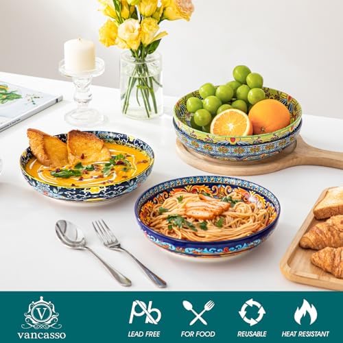 vancasso Pasta Bowls Set of 4, 42oz Ceramic Salad Serving Bowls, Bohemian