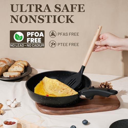 Nonstick Pots and Pans Set - 20 Pack KIKCOIN Stackable Cookware Set with Detachable Handle, RV Kitchen Cooking Set with Removable Handles - Oven Safe, Induction Ready (Black)
