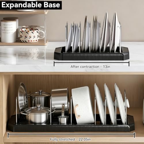 2 Pack Pots and Pans Organizer under Cabinet, Expandable Food Storage Container Lid Organizer with 7 Adjustable Stainless Steel Dividers, ABS Base, Countertop Rack, Black