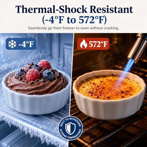 6oz Creme Brulee Ramekins Set of 4 - Ceramic Baking Dishes, Non-Stick Porcelain Pie Dish, Wave Round Baking Dish for Dessert, Pie, Tart, Souffles, Appetizers, Oven and Dishwasher Safe
