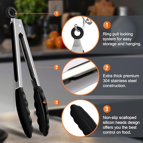 2 Pack Black Premium Stainless Steel Heat Resistant Kitchen Tongs for cooking,set of 9" and 12",Non Scratch Silicone cooking Tong Tip for Cooking Pans,Strong Grip BBQ tongs for Grabbing Hot Food