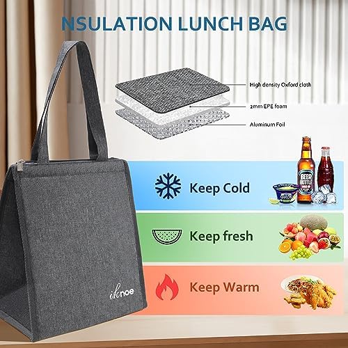 iknoe 9L Insulated Lunch Bag for Men & Women, Leak-Resistant Plaingrey