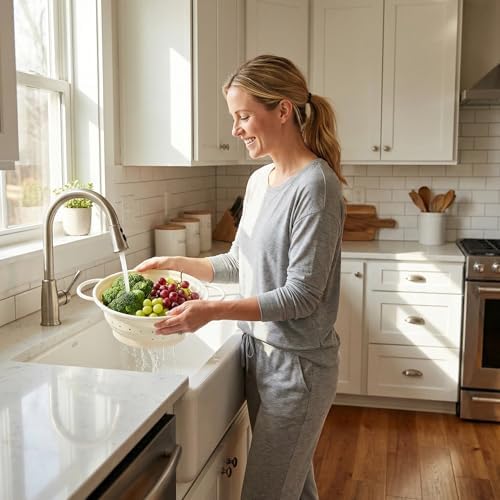 Collapsible Silicone Colander with Handles, Round Strainer with Stainless Steel Rim, Space Saving Kitchen Tool for Fruits & Vegetables,BPA-Free,Heat-Resistant Pasta Drainer(White, L)