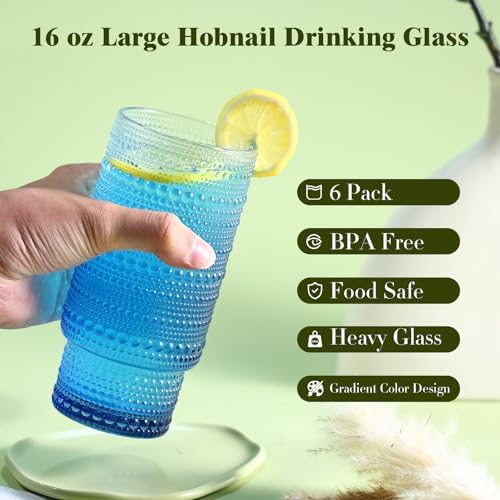 Large Capacity 16 oz Hobnail Drinking Glasses Set of 6,Vintage Glassware Drinking Glasses, Gradual Blue Water Glasses Tumbler, Cups for Kitchen, Juice, Beer, Cocktail, Whiskey