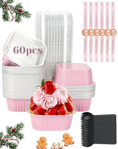 YQER 60 Pack 10oz Mini Cake Pans with Lids, Spoons, Stickers - Disposable Square Brownie Baking Cups - Individual Small Aluminum Foil Loaf Tins for Muffin, Ramekins, Cupcake - Catering, Gift, Pink
