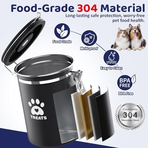 ENONCI Airtight Dog Treat Canister, 304 Stainless Steel Food Storage Jar with Date Dial Black-1.8L