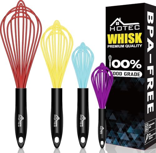 HOTEC 4 Pieces Silicone Whisks Set, Wire Balloon Whisks for cooking Egg Beater, Non-slip Handle Whisk for Non-stick Cookware Perfect for Cooking, Stirring, Beating and Blending,Multicolor