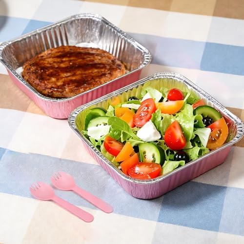 (35-Pack) Pink 8x8 Inch Disposable Aluminum Pans with Plastic Lids,Stickers and Cake Spoons,Square Cake Pans for Parties,Baking Trays,Foil Pans for Holiday Cooking, Parties Meal Prep, Storage