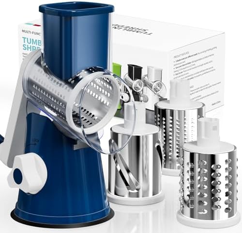 Cheese Grater Hand Crank, Rotary Cheese Shredder with 3 Interchangeable Blades for Coarse, Fine Shredding and Slicing, Strong Suction Base for Pizza, Pasta, Salad, Vegetables, Nuts, Chocolate
